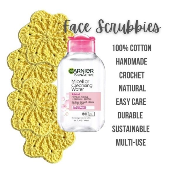 🌻Handmade Sakura Blossom Crochet 100% Cotton Face Scrubbies Set of 4 Yellow Sun - Picture 3 of 6